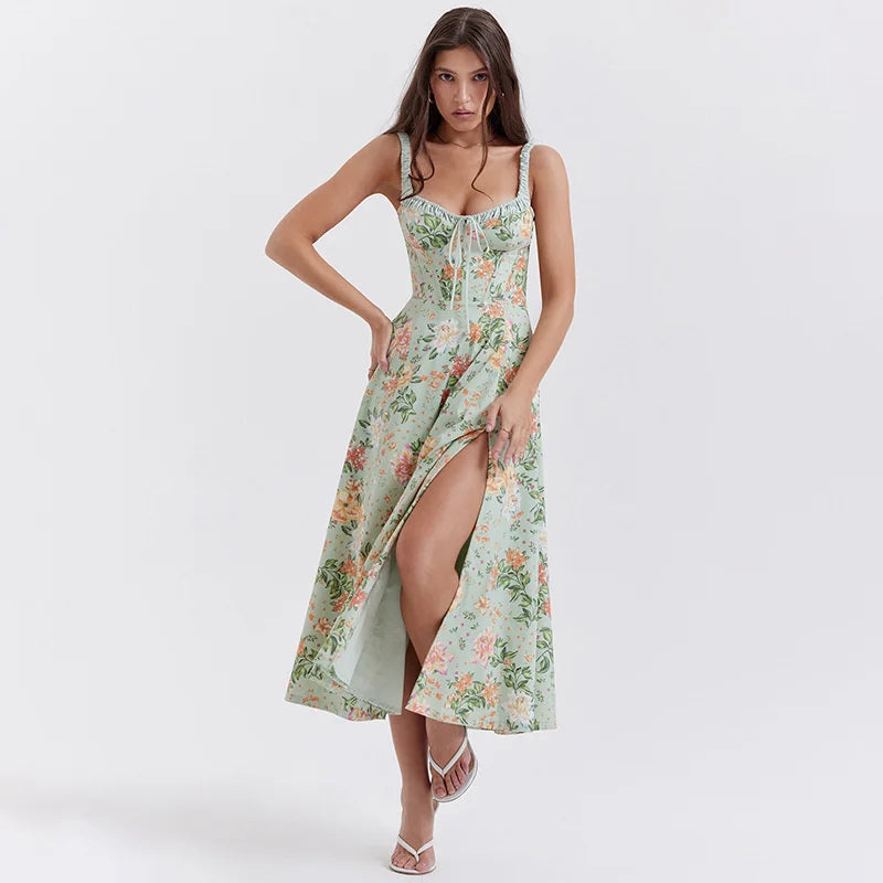 Print A-line Spaghetti Strap Summer Long Split Nightclub Midi Dress