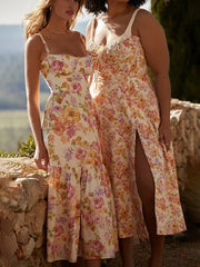 Print A-line Spaghetti Strap Summer Long Split Nightclub Midi Dress