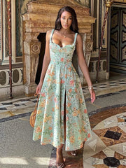 Print A-line Spaghetti Strap Summer Long Split Nightclub Midi Dress