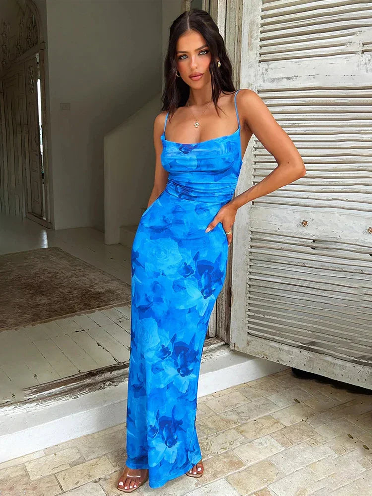 Print Bodycon Long Spaghetti Strap Backless Spring Summer Maxi Dress