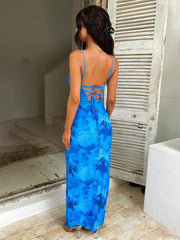 Print Bodycon Long Spaghetti Strap Backless Spring Summer Maxi Dress