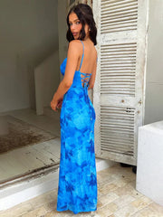 Print Bodycon Long Spaghetti Strap Backless Spring Summer Maxi Dress