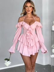 Ruffle Sleeve Halter Slim Nightclub Party Autumn Winter Mini Dress