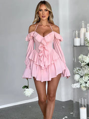 Ruffle Sleeve Halter Slim Nightclub Party Autumn Winter Mini Dress