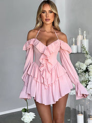 Ruffle Sleeve Halter Slim Nightclub Party Autumn Winter Mini Dress