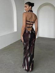 Scarf Print Bodycon Long Backless Nightclub Spring Summer Maxi Dress