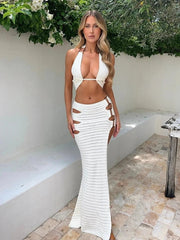 Party Knitted Halter Crop Top Slim Bodycon Spring Summer 2 Piece Dress
