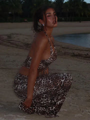 Party Leopard-printed Crop-top Slim-fit 2 Piece Dress
