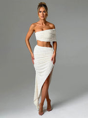 Party Pleated Crop Top Slim Bodycon Spring Summer 2 Piece Dress