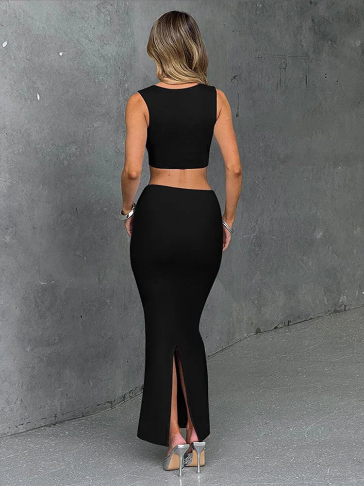 Party Spaghetti-strap Crop-top Slim-fit 2 Piece Dress