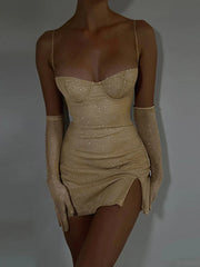 Glitter Spaghetti Strap Summer Strapless Nightclub Slim Split Party Mini Dress