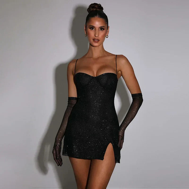 Glitter Spaghetti Strap Summer Strapless Nightclub Slim Split Party Mini Dress