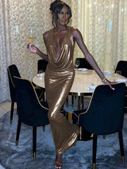 Slim Elegant Deep V Neck Backless Party Gold Maxi Dress
