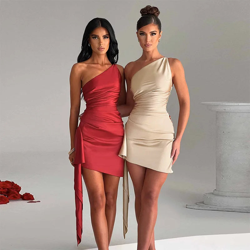 Streamer Pleated Bodycon One Shoulder Summer Nightclub Mini Dress
