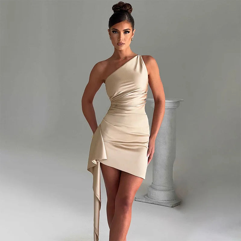 Streamer Pleated Bodycon One Shoulder Summer Nightclub Mini Dress