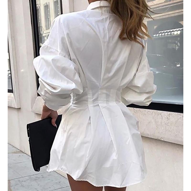 Turn down collar white shirt dress Long sleeve high waist plunge dress Elegant button design dresses vestidos autumn