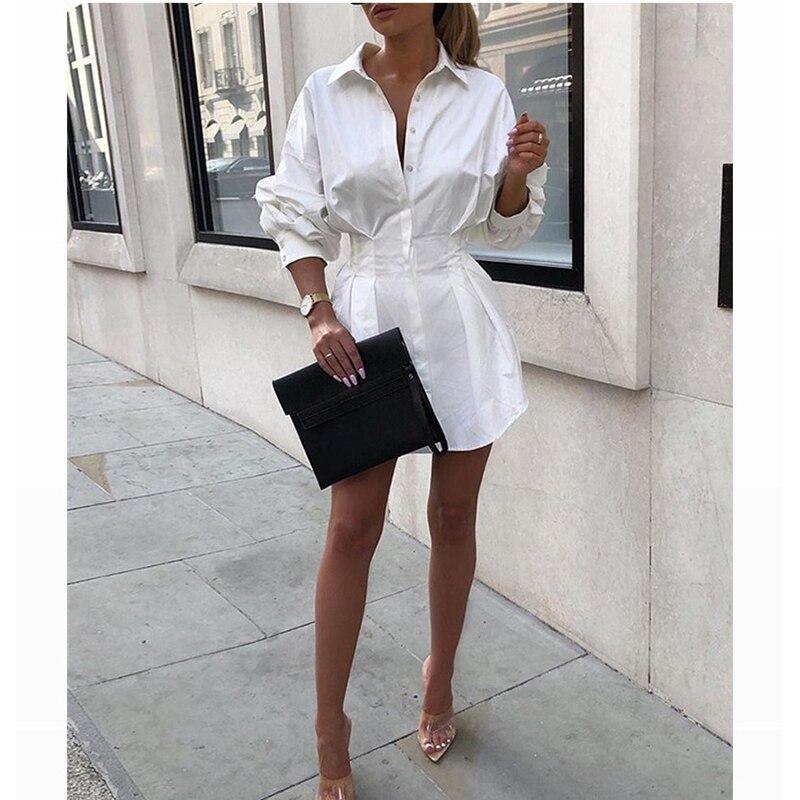 Turn down collar white shirt dress Long sleeve high waist plunge dress Elegant button design dresses vestidos autumn