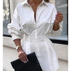 Turn down collar white shirt dress Long sleeve high waist plunge dress Elegant button design dresses vestidos autumn