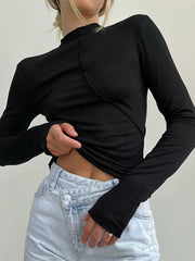 Turtleneck Y2K Long Sleeve Autumn Winter Casual Black Basic Vintage Crop Tops