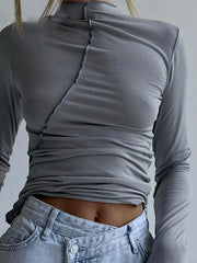Turtleneck Y2K Long Sleeve Autumn Winter Casual Black Basic Vintage Crop Tops