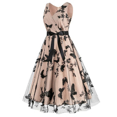 V Neck Belt Sleeveless A-Line Vintage Butterfly Embroidery Mesh Patchwork Party Dress For Woman Summer