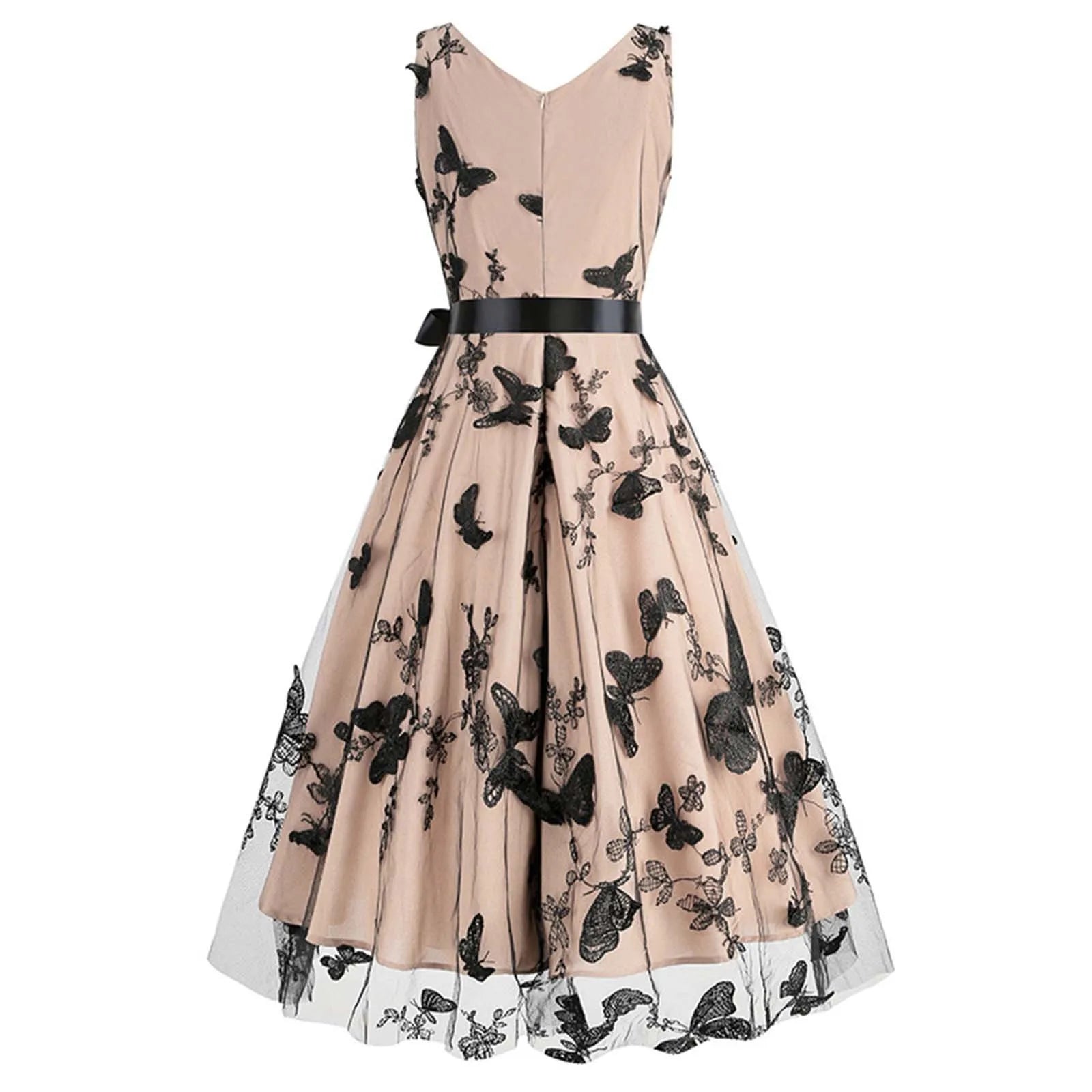 V Neck Belt Sleeveless A-Line Vintage Butterfly Embroidery Mesh Patchwork Party Dress For Woman Summer