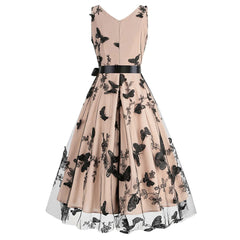 V Neck Belt Sleeveless A-Line Vintage Butterfly Embroidery Mesh Patchwork Party Dress For Woman Summer