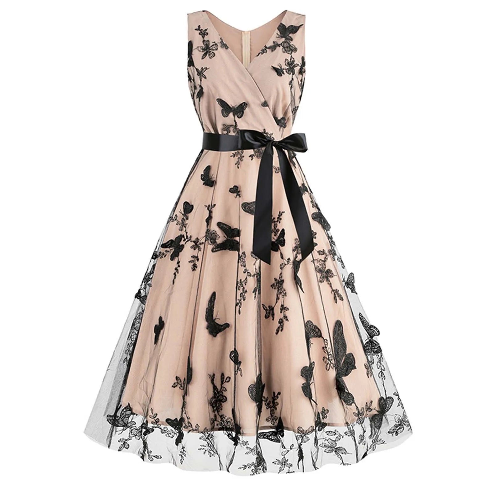 V Neck Belt Sleeveless A-Line Vintage Butterfly Embroidery Mesh Patchwork Party Dress For Woman Summer