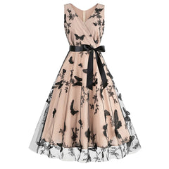 V Neck Belt Sleeveless A-Line Vintage Butterfly Embroidery Mesh Patchwork Party Dress For Woman Summer