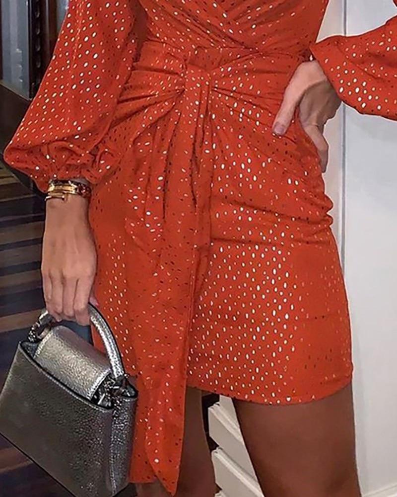 V Neck Hot Stamping Lantern Sleeve Ruched Dress Long Sleeve Party Dress