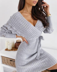 V-Neck Surplice Wrap Ribbed Batwing Sleeve Sweater Bodycon Dress