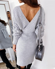 V-Neck Surplice Wrap Ribbed Batwing Sleeve Sweater Bodycon Dress