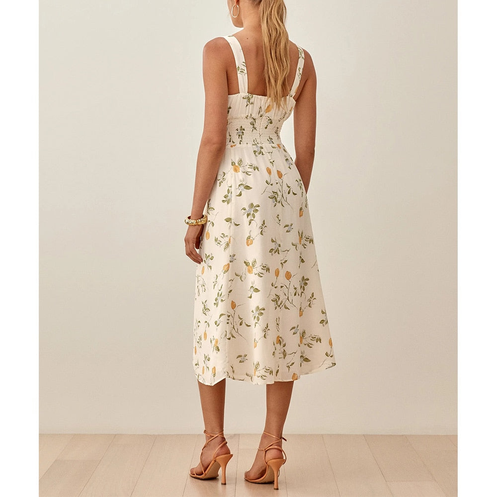 Sleeveless Tank Print Chiffon Summer Dress Waist Casual Midi Dress