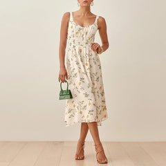 Sleeveless Tank Print Chiffon Summer Dress Waist Casual Midi Dress