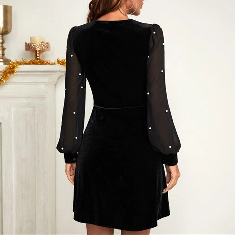 Velvet Mesh Puff Sleeves Deep V Neck A-line Skirt