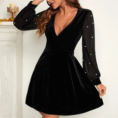 Velvet Mesh Puff Sleeves Deep V Neck A-line Skirt