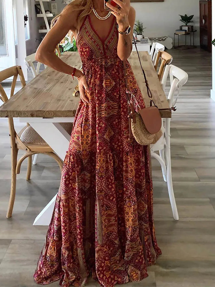Sexy Vintage Backless Spaghetti Strap Boho Dress