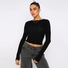 Vintage Bustier Spring Solid Long Sleeve Round Neck WomenT-shirt