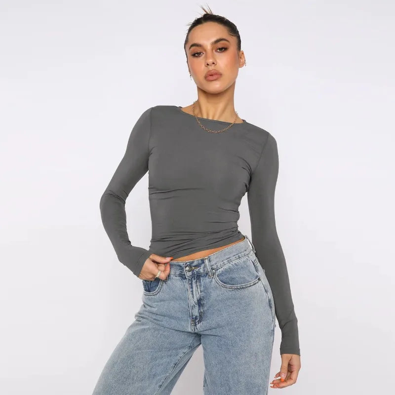 Vintage Bustier Spring Solid Long Sleeve Round Neck WomenT-shirt