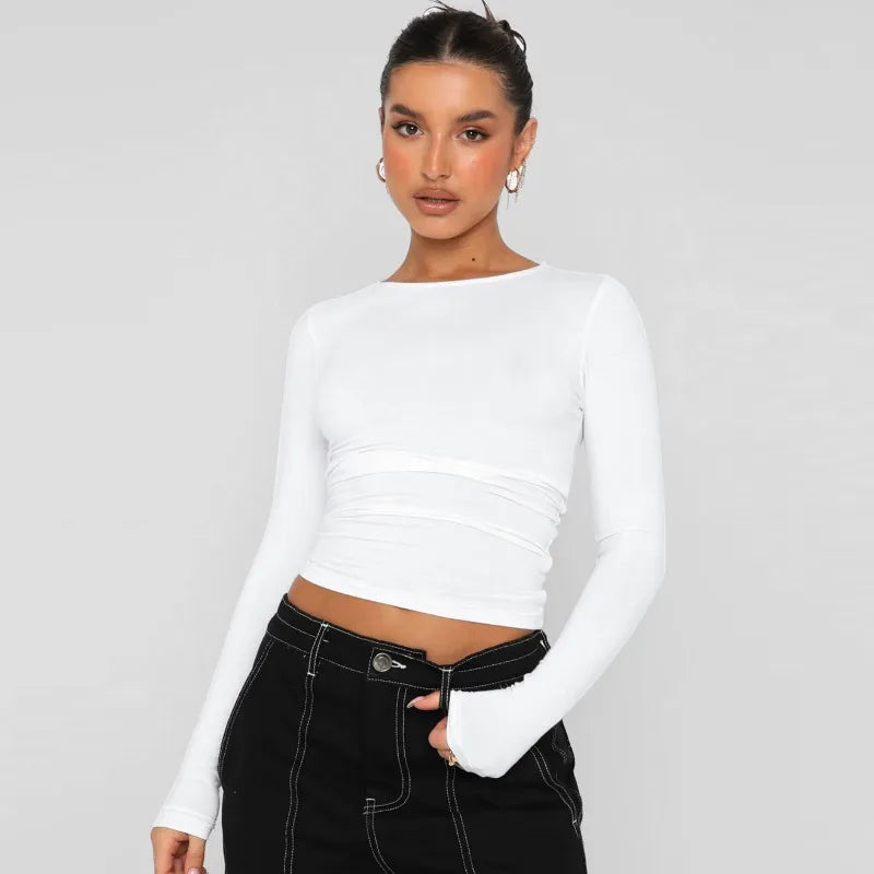 Vintage Bustier Spring Solid Long Sleeve Round Neck WomenT-shirt