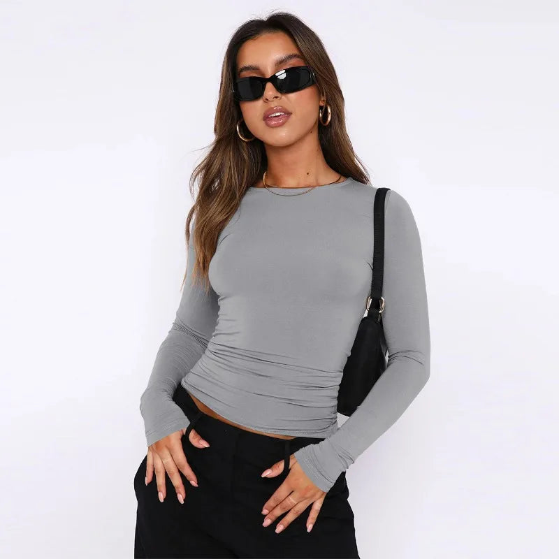 Vintage Bustier Spring Solid Long Sleeve Round Neck WomenT-shirt