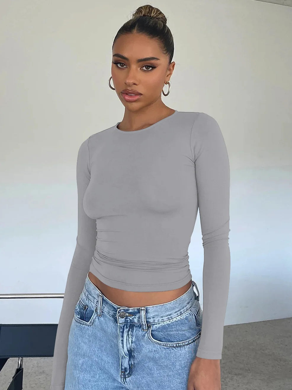 Vintage Bustier Spring Solid Long Sleeve Round Neck WomenT-shirt
