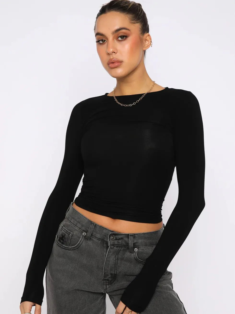 Vintage Bustier Spring Solid Long Sleeve Round Neck WomenT-shirt