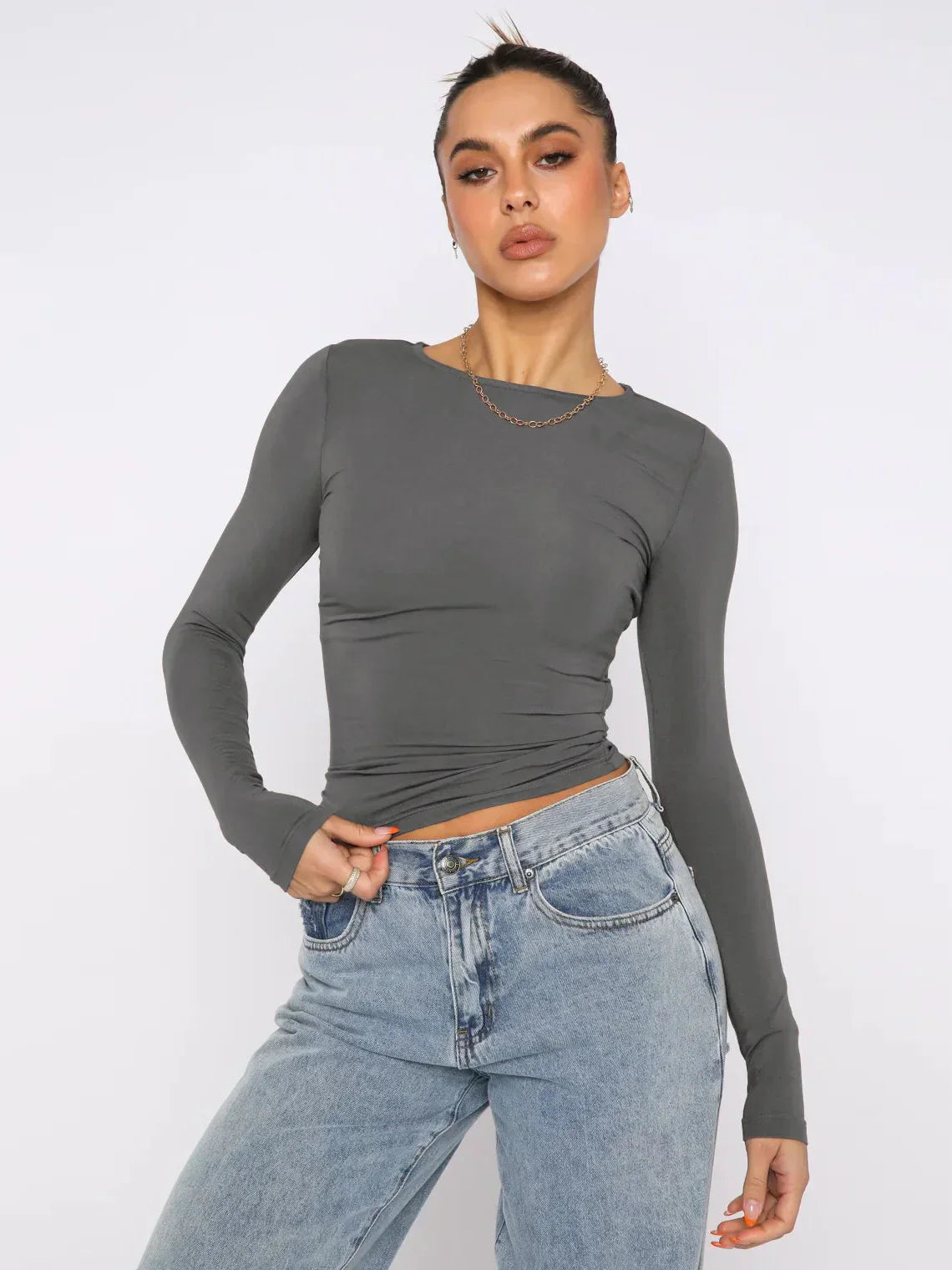 Vintage Bustier Spring Solid Long Sleeve Round Neck WomenT-shirt
