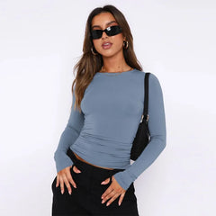 Vintage Bustier Spring Solid Long Sleeve Round Neck WomenT-shirt