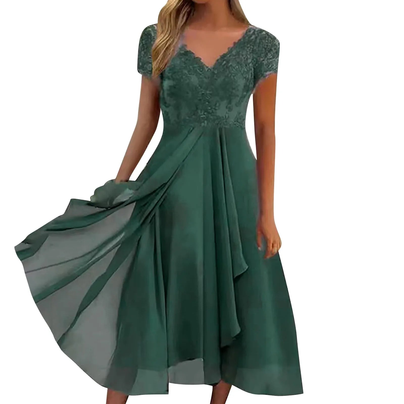 Vintage Chiffon V Neck Splicing Lace Hollow Pleated Large Swing Summer Dress