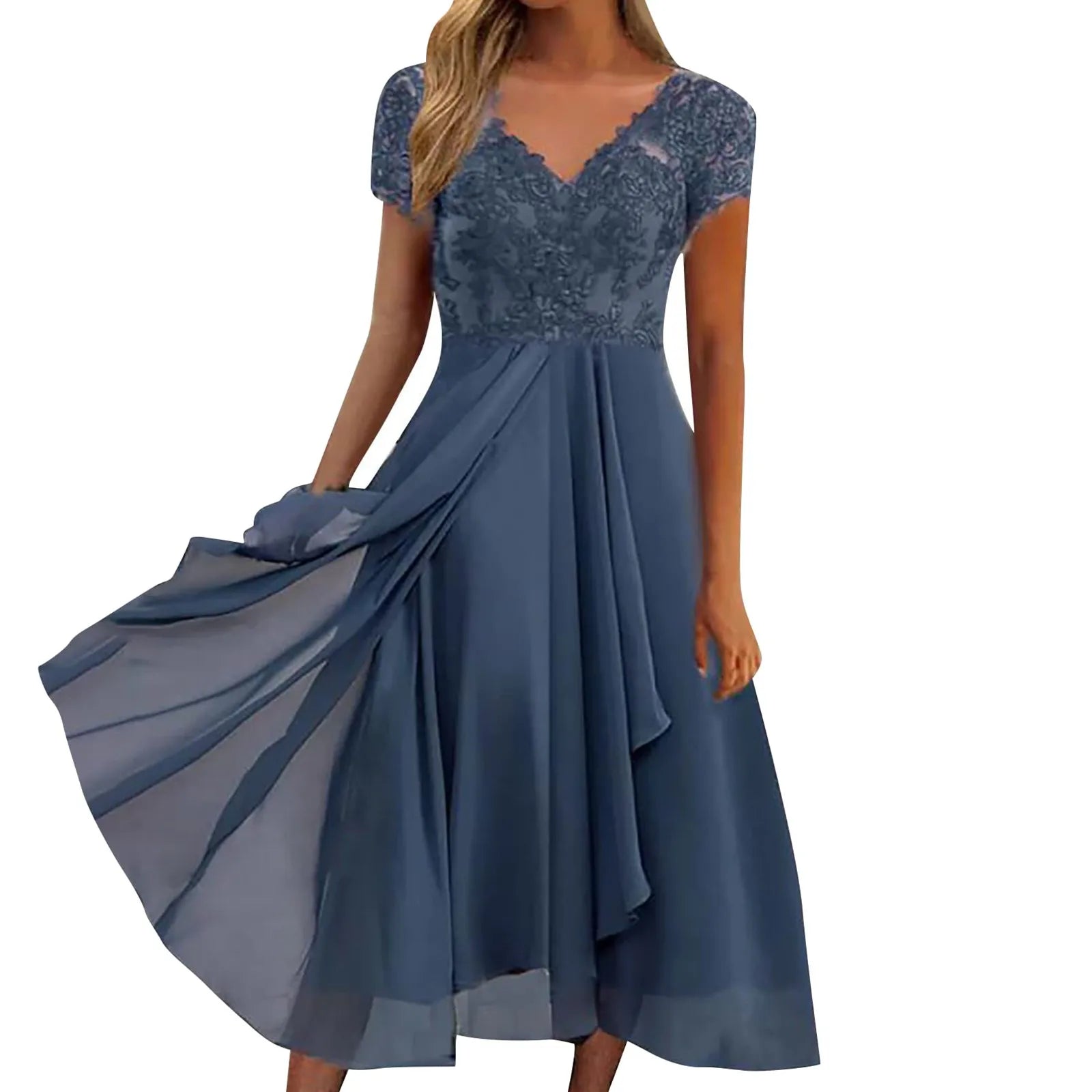 Vintage Chiffon V Neck Splicing Lace Hollow Pleated Large Swing Summer Dress