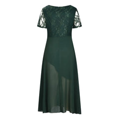 Vintage Chiffon V Neck Splicing Lace Hollow Pleated Large Swing Summer Dress