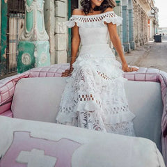 Elegant White Lace Off Shoulder Boho Dress
