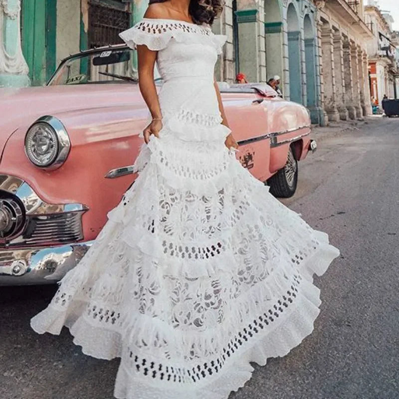 Elegant White Lace Off Shoulder Boho Dress